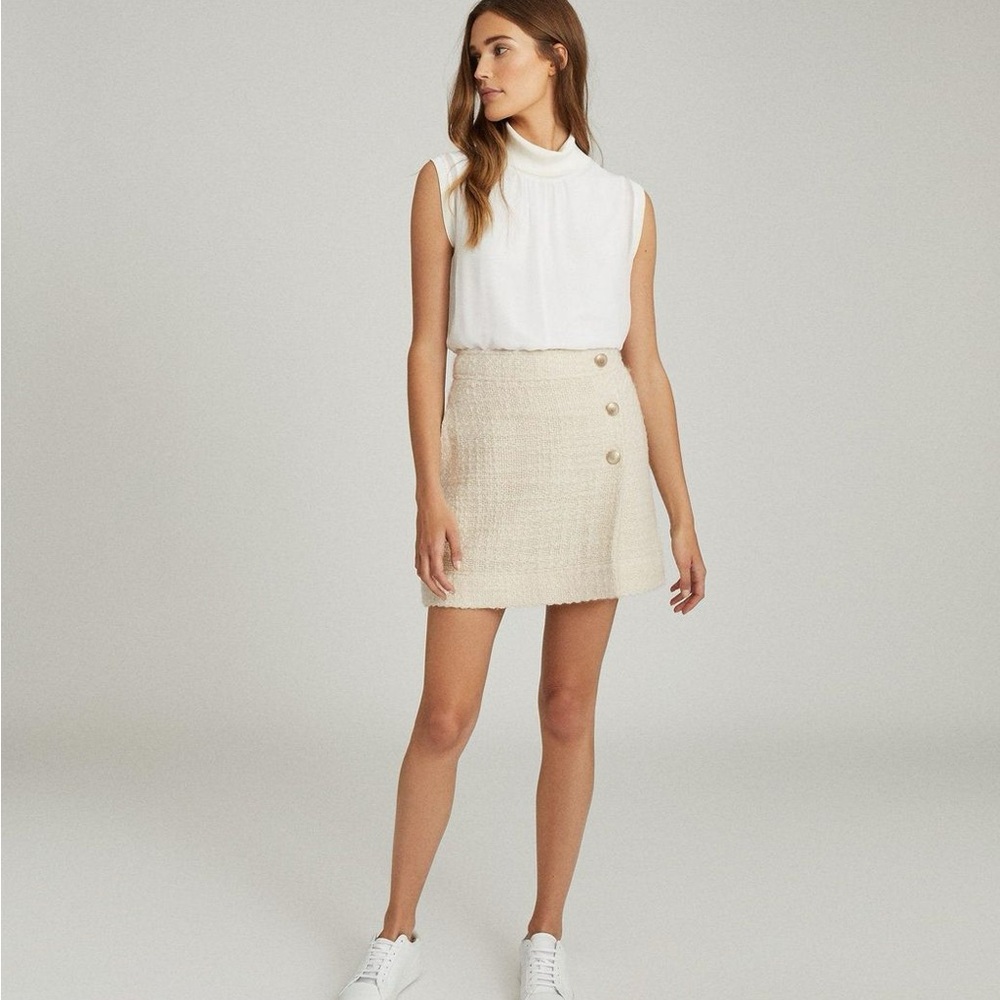 REISS Italian Fabric June Boucle Mini Skirt Wool Cream Ivory Pockets Sz 8
